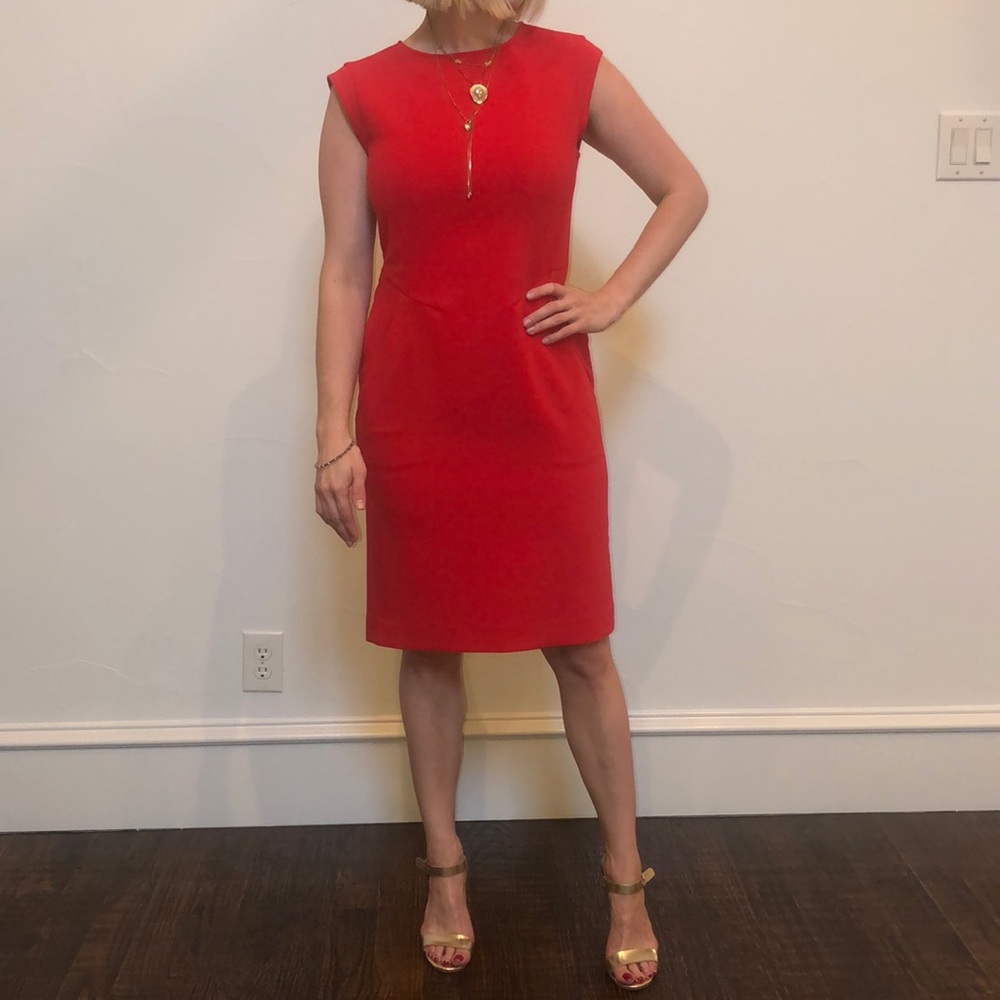 Red mini, Lafayette 148 dress.